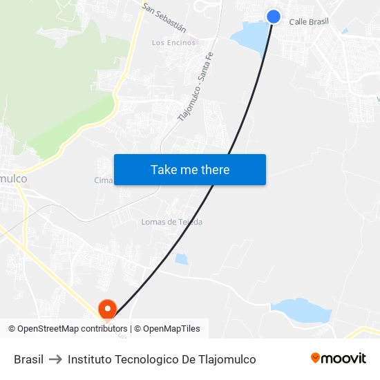 Brasil to Instituto Tecnologico De Tlajomulco map
