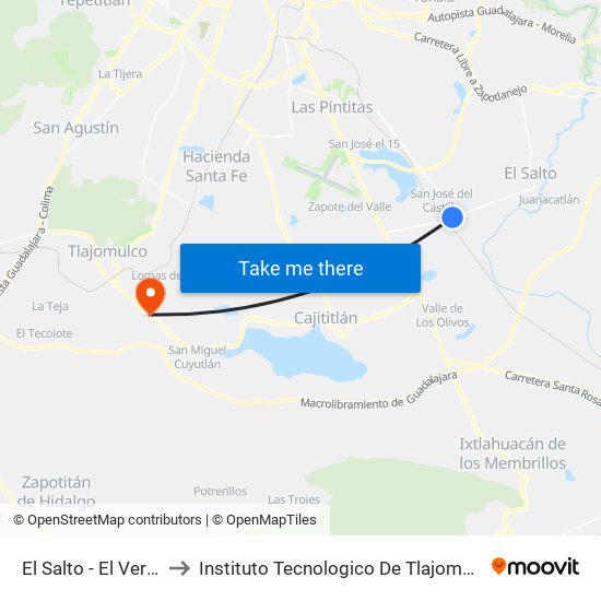 El Salto - El Verde to Instituto Tecnologico De Tlajomulco map