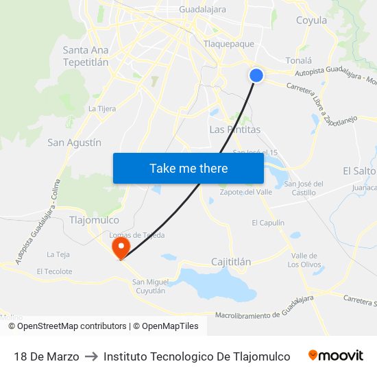 18 De Marzo to Instituto Tecnologico De Tlajomulco map