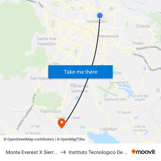 Monte Everest X Sierra Morena to Instituto Tecnologico De Tlajomulco map