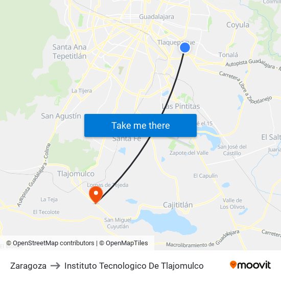 Zaragoza to Instituto Tecnologico De Tlajomulco map