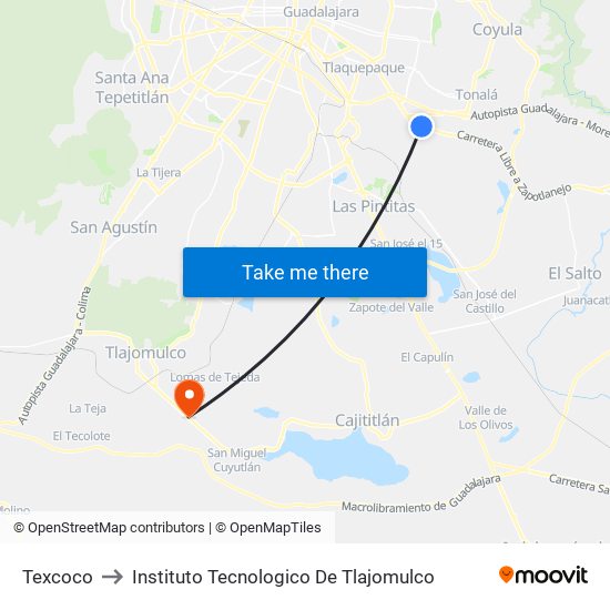 Texcoco to Instituto Tecnologico De Tlajomulco map