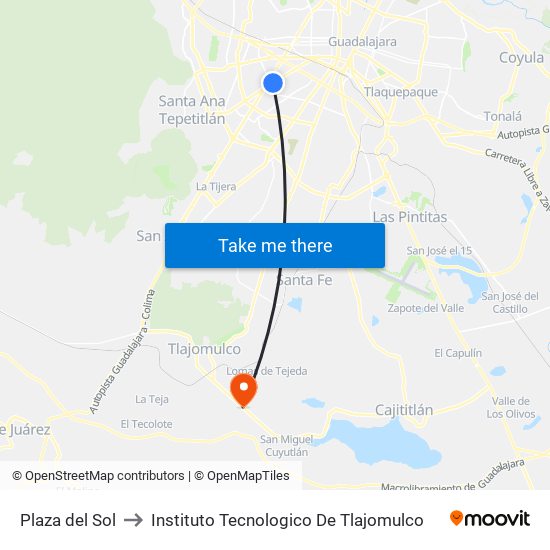 Plaza del Sol to Instituto Tecnologico De Tlajomulco map