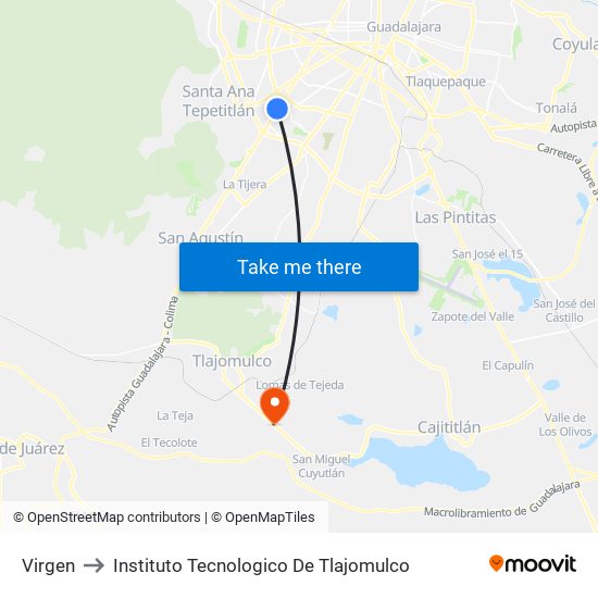 Virgen to Instituto Tecnologico De Tlajomulco map