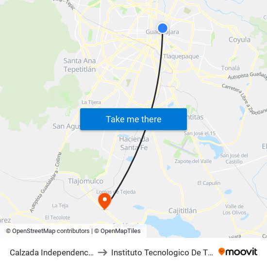 Calzada Independencia Norte to Instituto Tecnologico De Tlajomulco map