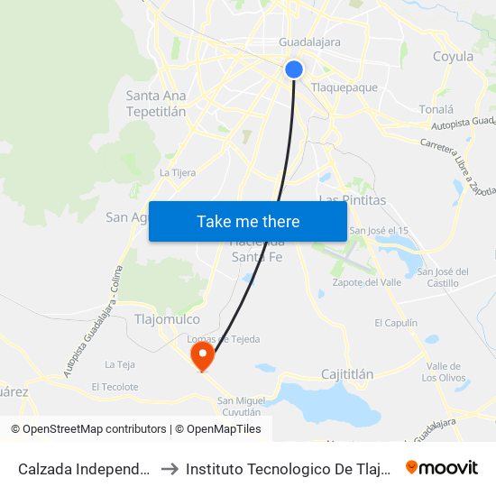 Calzada Independencia to Instituto Tecnologico De Tlajomulco map