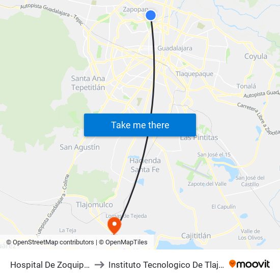 Hospital De Zoquipan (1) to Instituto Tecnologico De Tlajomulco map