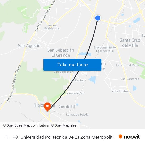 HPE to Universidad Politecnica De La Zona Metropolitana De Guadalajara map