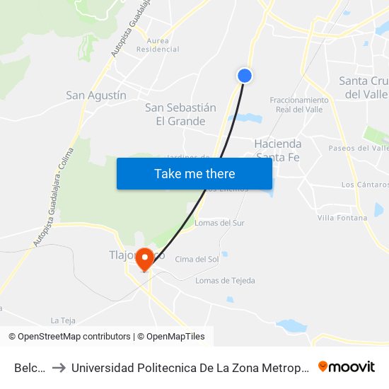 Belcanto to Universidad Politecnica De La Zona Metropolitana De Guadalajara map