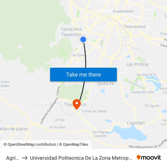 Agrícola to Universidad Politecnica De La Zona Metropolitana De Guadalajara map