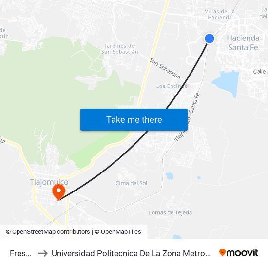 Fresnos 1 to Universidad Politecnica De La Zona Metropolitana De Guadalajara map