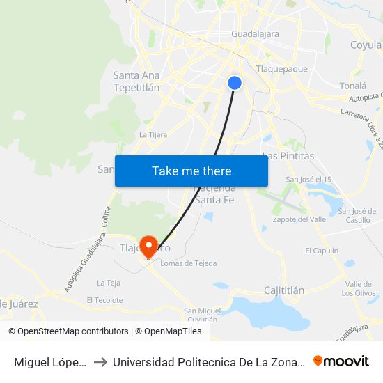 Miguel López De Legaspi to Universidad Politecnica De La Zona Metropolitana De Guadalajara map