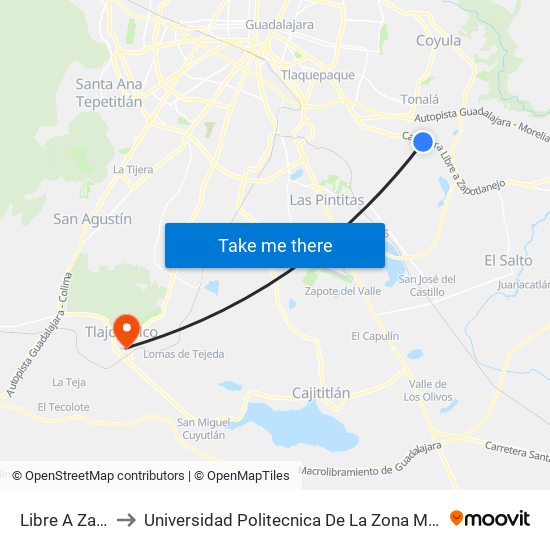 Libre A Zapotlanejo to Universidad Politecnica De La Zona Metropolitana De Guadalajara map