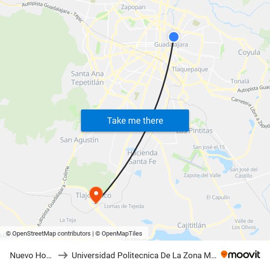 Nuevo Hospital Civil to Universidad Politecnica De La Zona Metropolitana De Guadalajara map