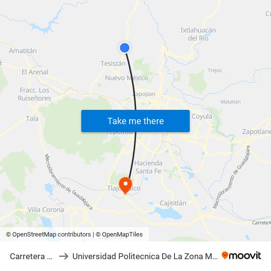 Carretera A Colotlán to Universidad Politecnica De La Zona Metropolitana De Guadalajara map