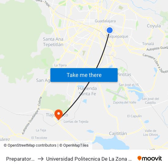 Preparatoria 12 Udeg to Universidad Politecnica De La Zona Metropolitana De Guadalajara map