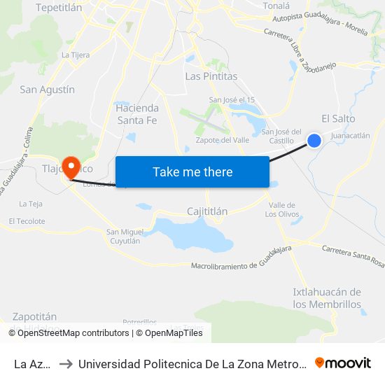 La Azucena to Universidad Politecnica De La Zona Metropolitana De Guadalajara map