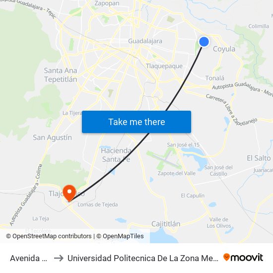 Avenida Zalatitán to Universidad Politecnica De La Zona Metropolitana De Guadalajara map