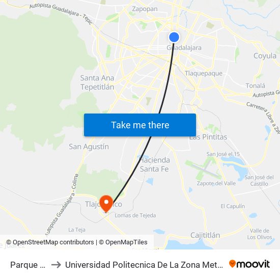 Parque Alcalde to Universidad Politecnica De La Zona Metropolitana De Guadalajara map