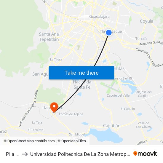 Pila Seca to Universidad Politecnica De La Zona Metropolitana De Guadalajara map