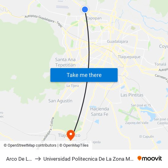 Arco de la Estrella to Universidad Politecnica De La Zona Metropolitana De Guadalajara map