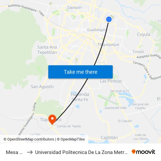 Mesa Central to Universidad Politecnica De La Zona Metropolitana De Guadalajara map