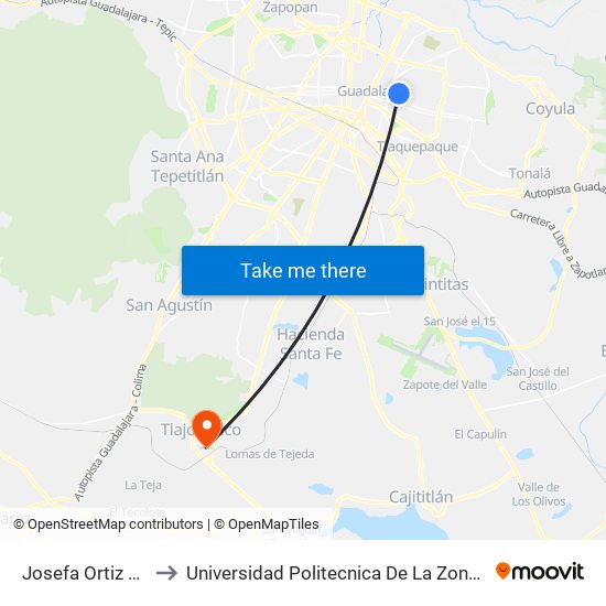 Josefa Ortiz De Domínguez to Universidad Politecnica De La Zona Metropolitana De Guadalajara map