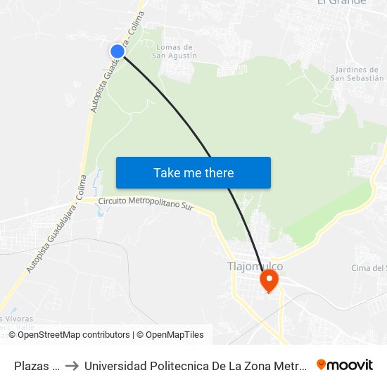 Plazas Outlet to Universidad Politecnica De La Zona Metropolitana De Guadalajara map