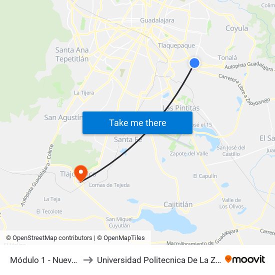 Módulo 1 - Nueva Central Camionera to Universidad Politecnica De La Zona Metropolitana De Guadalajara map