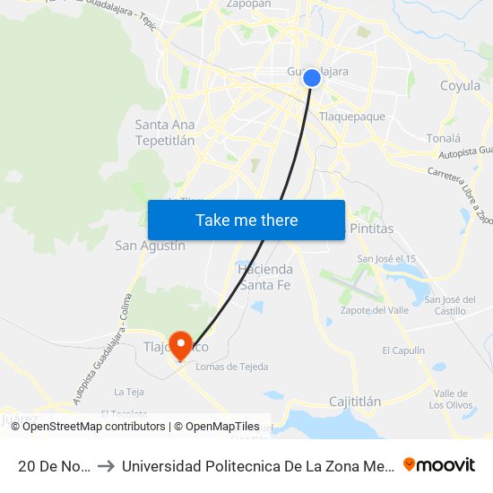 20 De Noviembre to Universidad Politecnica De La Zona Metropolitana De Guadalajara map