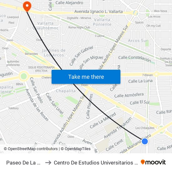 Paseo de la Arboleda to Centro De Estudios Universitarios Veracruz Vallarta map