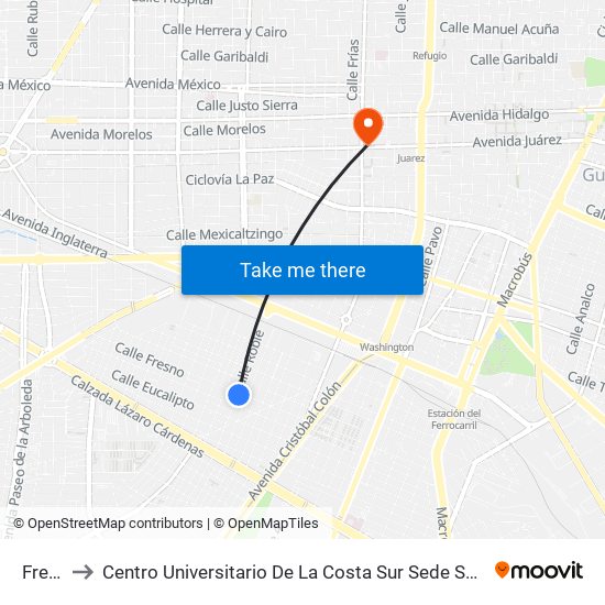 Fresno to Centro Universitario De La Costa Sur Sede San Patricio Melaque map