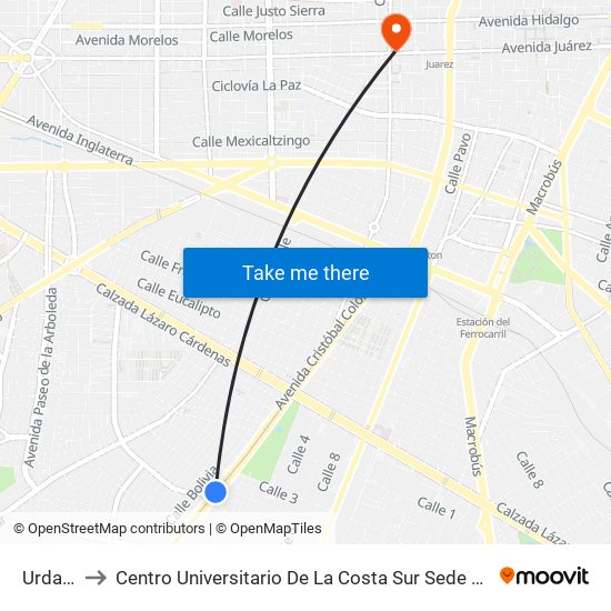 Urdaneta to Centro Universitario De La Costa Sur Sede San Patricio Melaque map