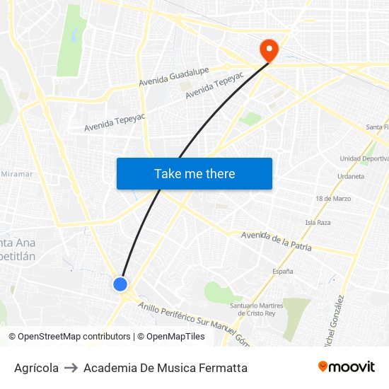 Agrícola to Academia De Musica Fermatta map