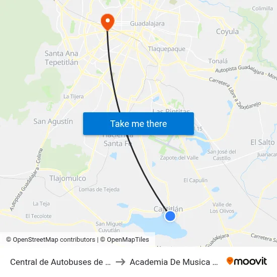 Central de Autobuses de Cajititlán to Academia De Musica Fermatta map