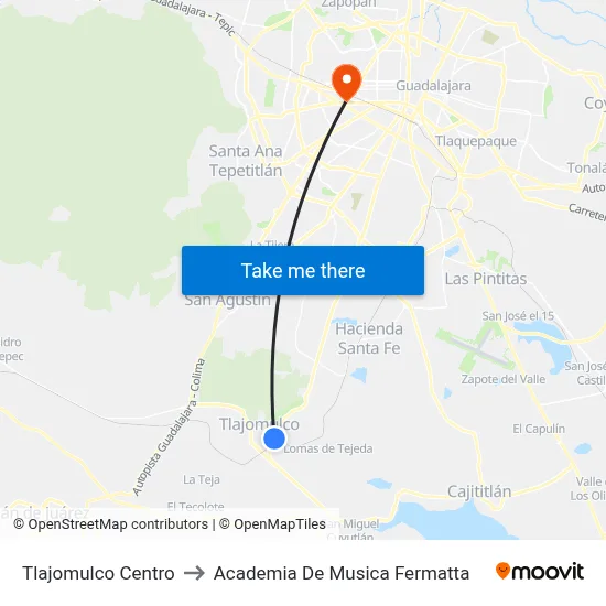Tlajomulco Centro to Academia De Musica Fermatta map