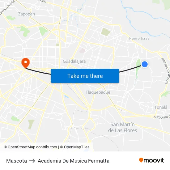 Mascota to Academia De Musica Fermatta map