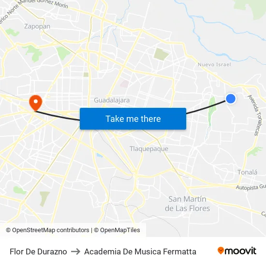 Flor De Durazno to Academia De Musica Fermatta map