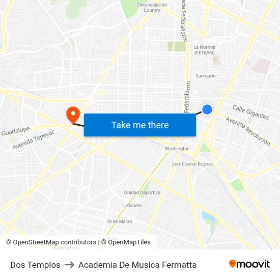 Dos Templos to Academia De Musica Fermatta map