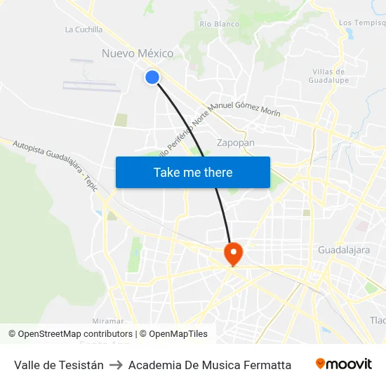 Valle de Tesistán to Academia De Musica Fermatta map