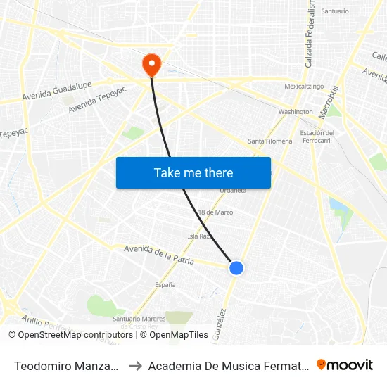 Teodomiro Manzano to Academia De Musica Fermatta map