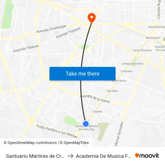 Santuario Mártires de Cristo Rey to Academia De Musica Fermatta map