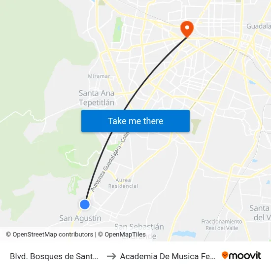 Blvd. Bosques de Santa Anita to Academia De Musica Fermatta map
