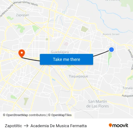 Zapotiltic to Academia De Musica Fermatta map