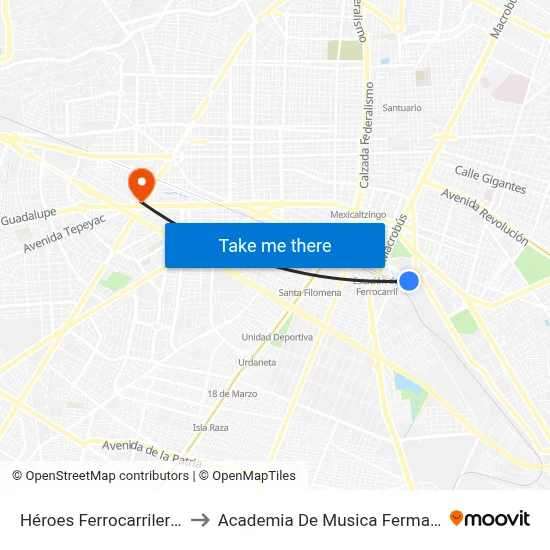Héroes Ferrocarrileros to Academia De Musica Fermatta map