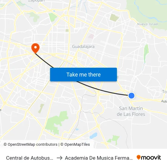 Central de Autobuses to Academia De Musica Fermatta map