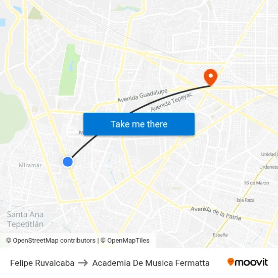 Felipe Ruvalcaba to Academia De Musica Fermatta map