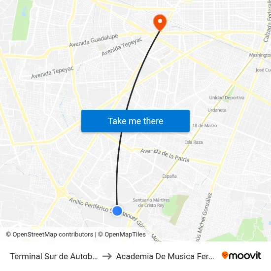 Terminal Sur de Autobuses to Academia De Musica Fermatta map