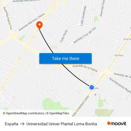 España to Universidad Univer Plantel Loma Bonita map
