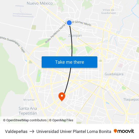 Valdepeñas to Universidad Univer Plantel Loma Bonita map